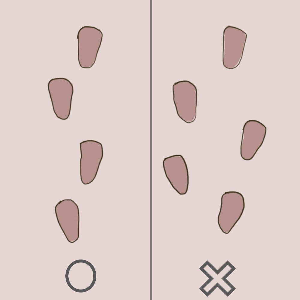 左がよい歩幅、右は左右や前後のブレが大きい悪い歩幅